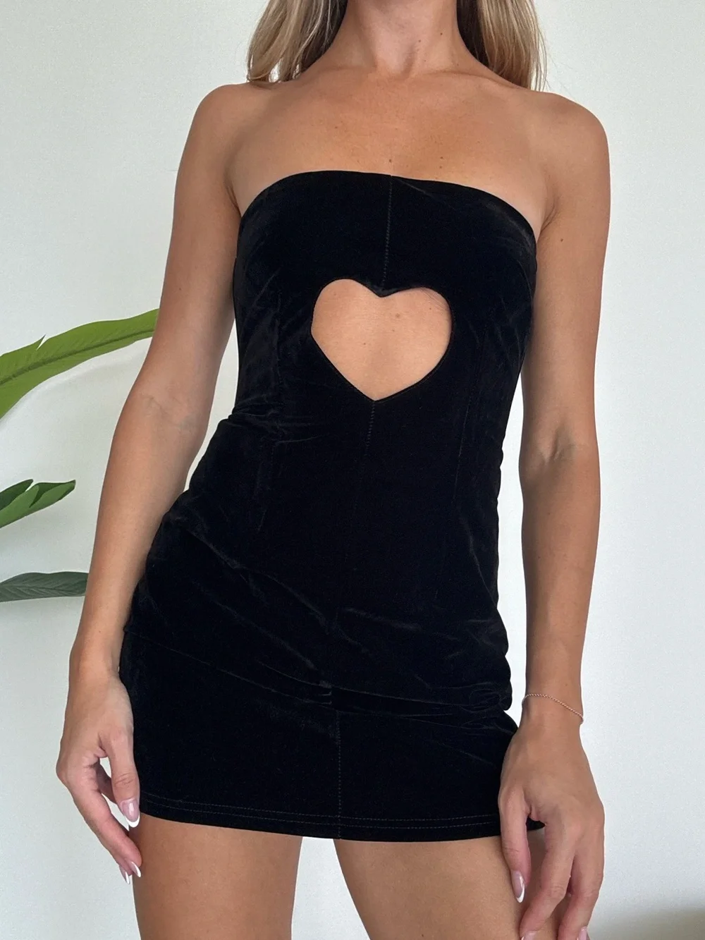 More to Come Strapless Black Velvet Mini Dress with Heart Cutout